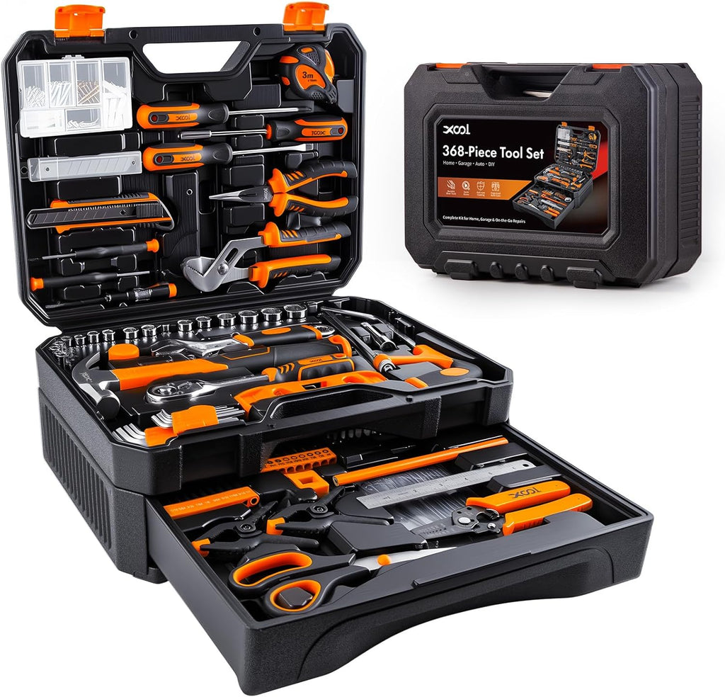 368 Piece Home Repair Tool Kit with Drawer Toolbox, Includes Hammer, Pliers, Screwdrivers, Wrench, Tape Measure &