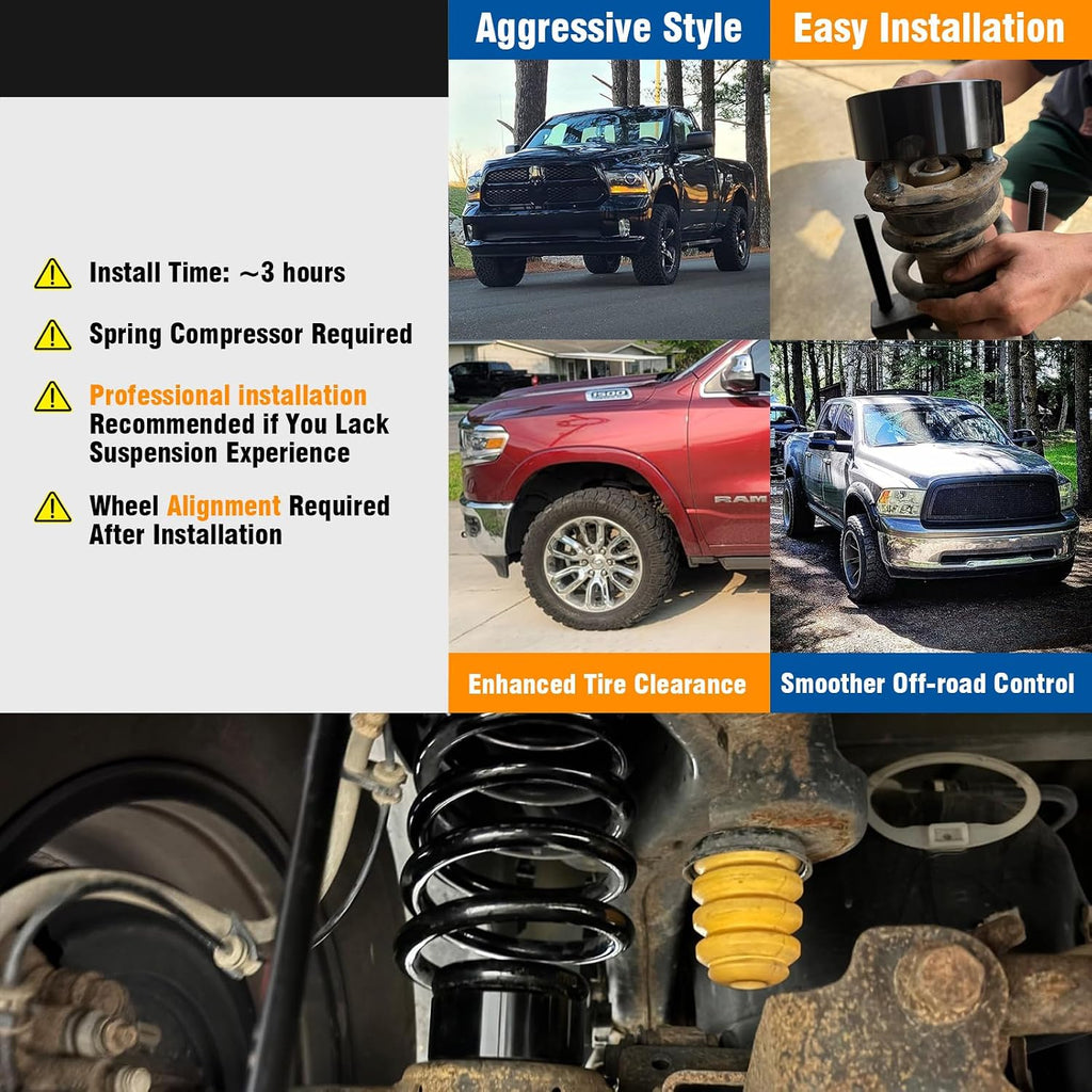 dynofit Leveling Lift Kit 3" Front + 2" Rear for Dodge Ram 1500 4WD/AWD (2009-2026), Coil Spring Strut Spacers & Level Spacer for 2020-2026 Ram1500 2WD/RWD Pickup