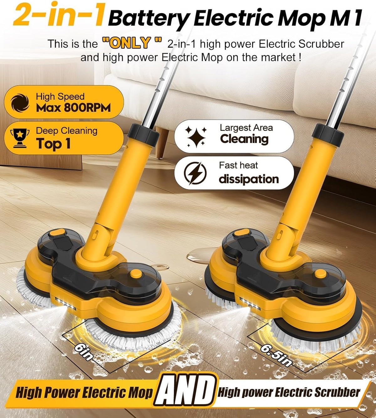 Cordless Electric Mop M1, 2-in-1 Spin Mop & Floor Scrubber | 800RPM electric floor Machine, 6000mAh Battery, Smart