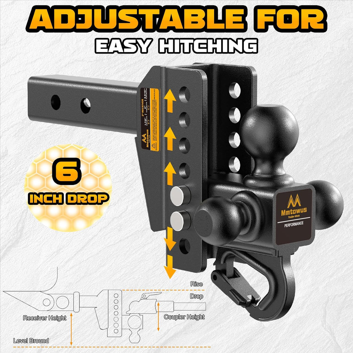 Adjustable Trailer Hitch - Drop Hitch Fit 2" Receiver -6" Drop/Rise