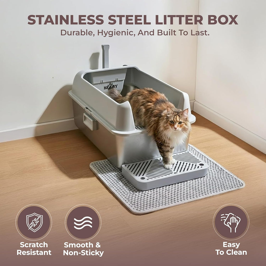 Stainless Steel Litter Box XL, Extra Large High Sided Litter Box with Handles for Big Cats, Anti-Urine Leakage Metal