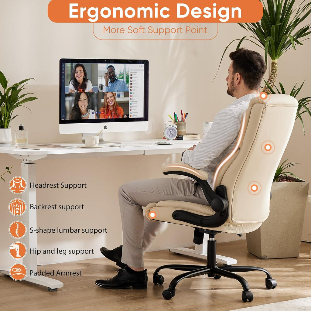 Ergonomic Office Chair - Heavy Duty Task Desk Chair with Flip-up Armrest, PU Leather, Height Adjustable & Swivel