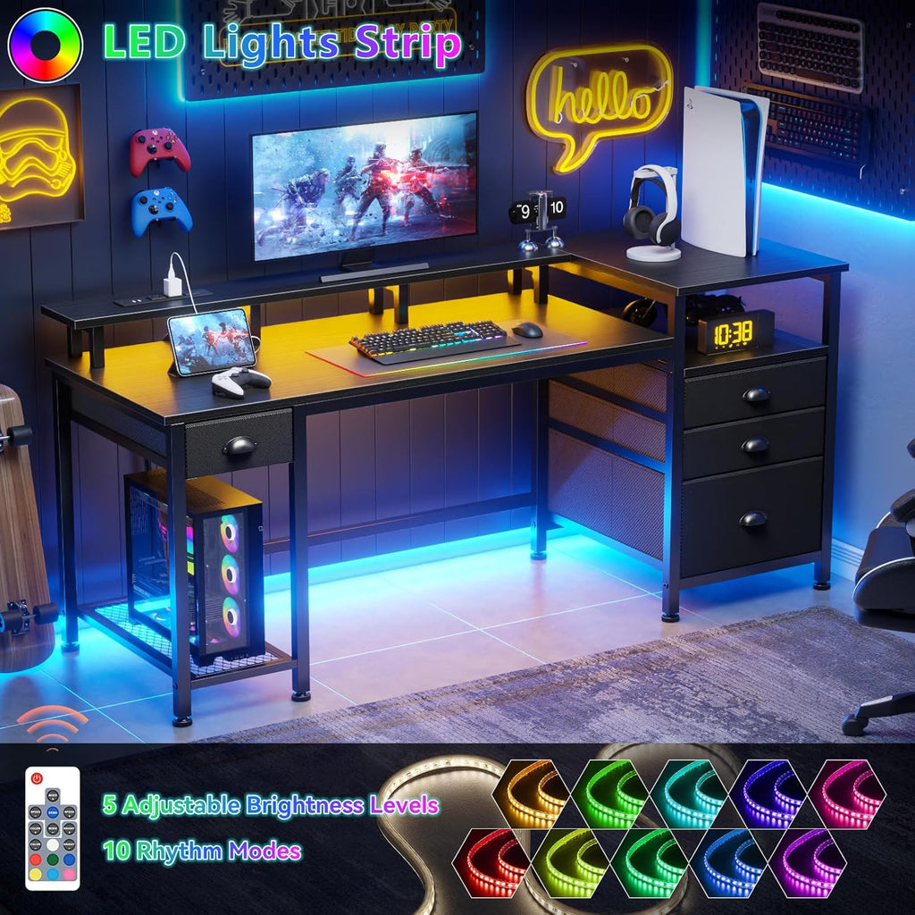60" Black Computer Desk with 4 Drawers and Printer Space, Gaming Desk with LED Lights and USB Power Outlets, Home