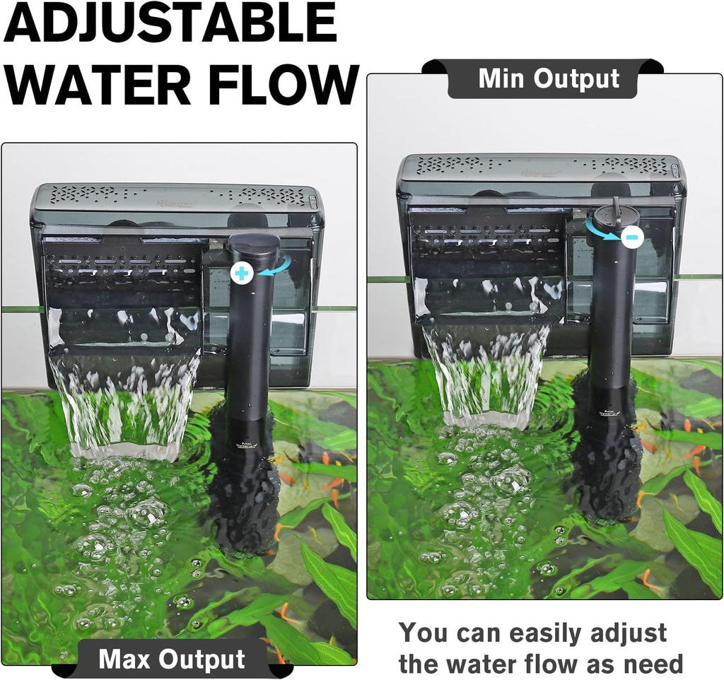 Aquarium HOB Filter 105 GPH for 10-20 Gallon Fish Tank Power Filter with Adjustable Water Flow Extendable Intake Tube