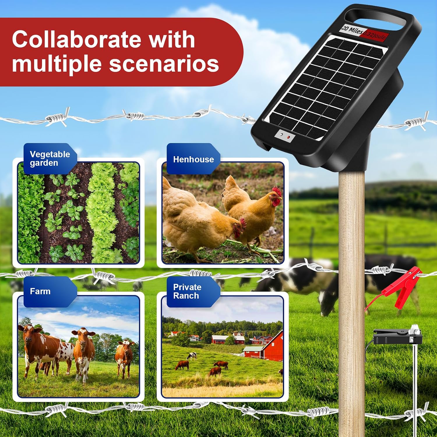 20 Miles Solar Powered Electric Fence Charger, 0.32J for Gardens, Livestock