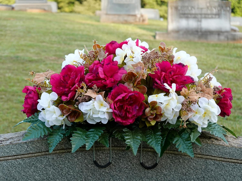 Artificial Cemetery Flowers - Grave Decoration - Fall Arrangement - 30" Long Plum Peony and White Hydrangea Saddle