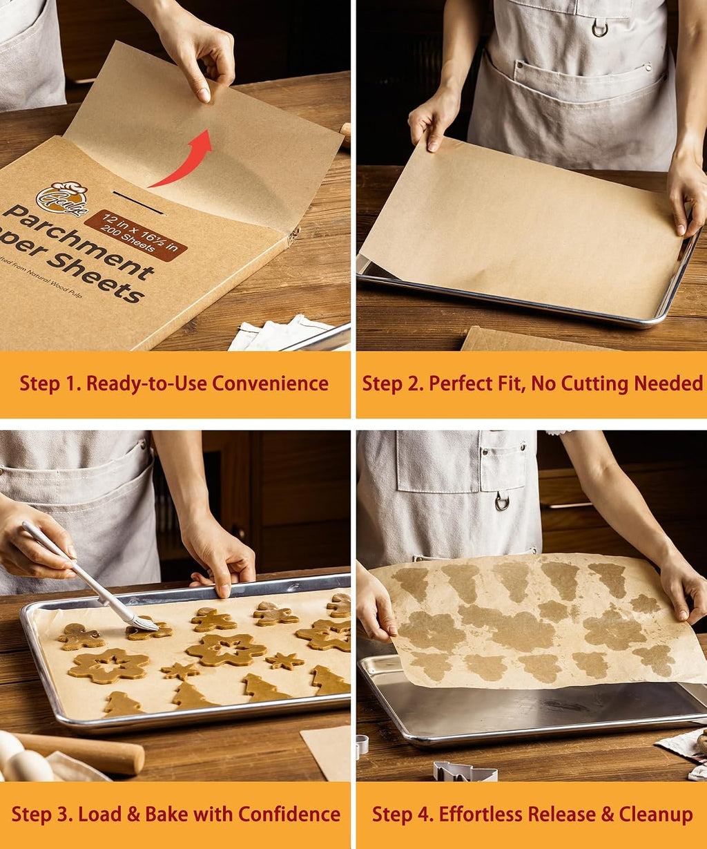 200 Sheets Precut Parchment Paper, 12x16.5 Inches, Non-Stick, Unbleached