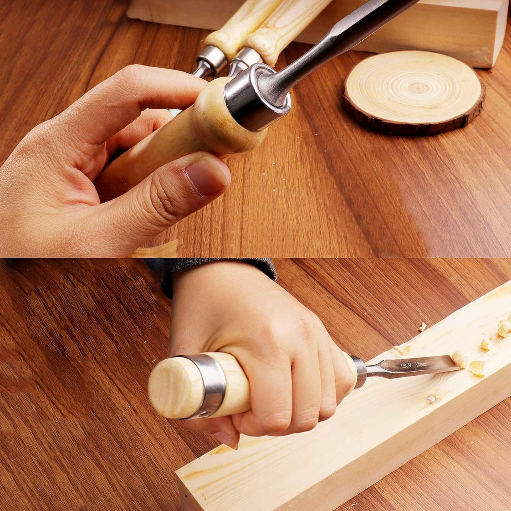 4-Piece Wood Chisel Set, 8mm 12mm 18mm 25mm | CR-V Steel Curved Outer Edge Gouge, Sharp Wood Carving Chisels, Firm