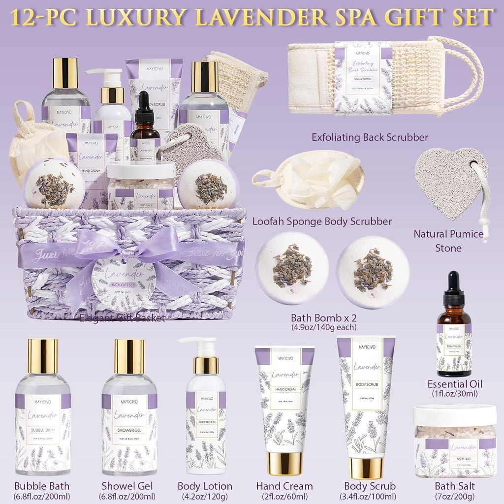 Mothers Day Birthday Gifts for Women, Lavender Relaxing Spa Gift Baskets for Women Self Care Package Bath Gift Set