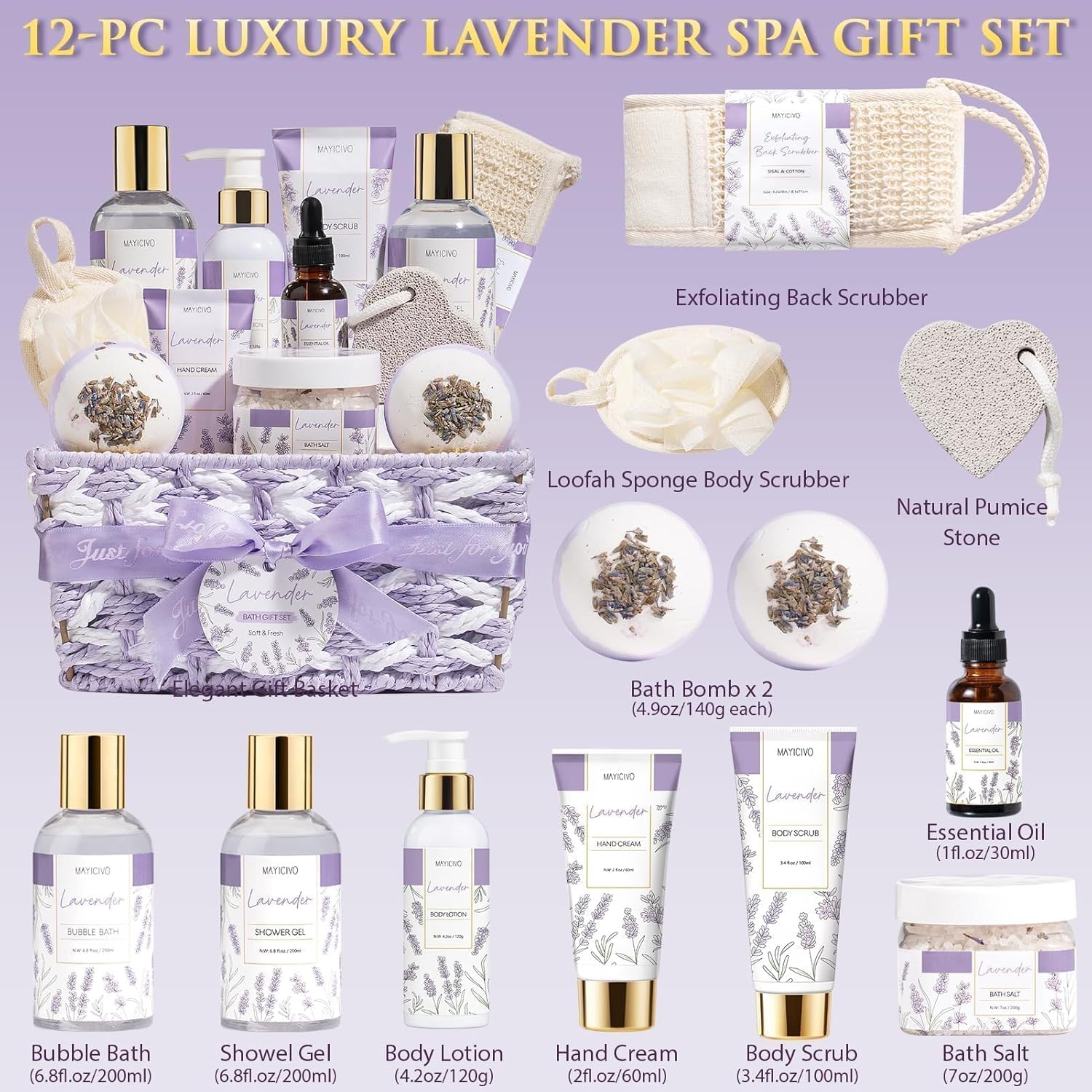 Mothers Day Birthday Gifts for Women, Lavender Relaxing Spa Gift Baskets for Women Self Care Package Bath Gift Set