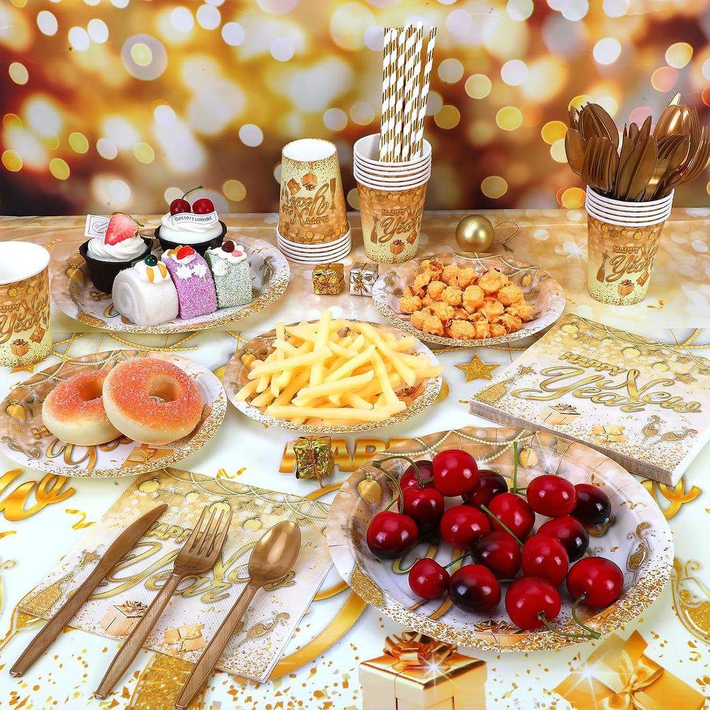 121 Pcs New Years Eve Party Supplies Dinnerware Set, Happy New Years White Gold Tablecloth Banner Plates Cups Napkins