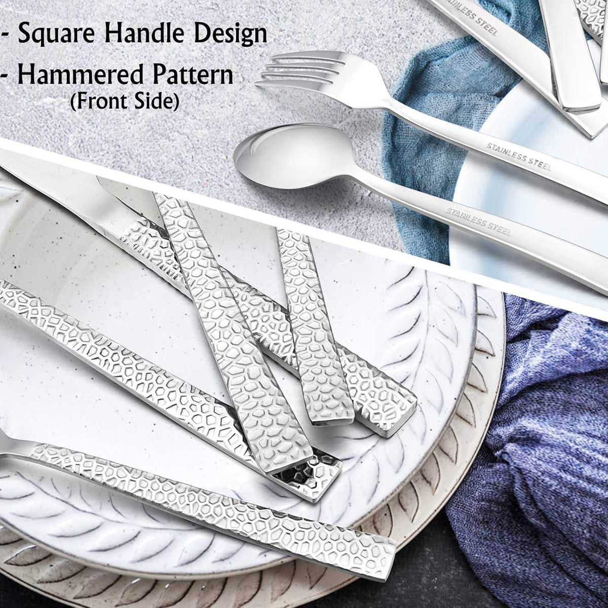 60-Piece Silverware Set, Hammered Stainless Steel Square Flatware Cutlery Set for 12, Tableware Set Eating Utensils