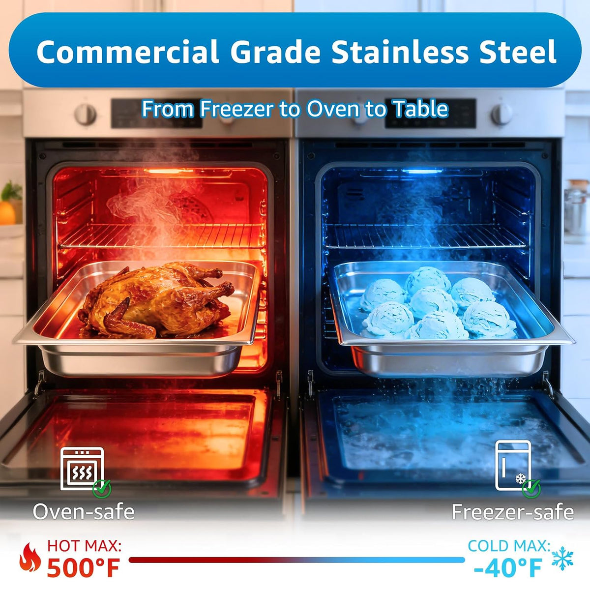 1/2 Half Size Hotel Pans with Lids | 4" Deep (4 Pack) | 4 Kitchen Tongs