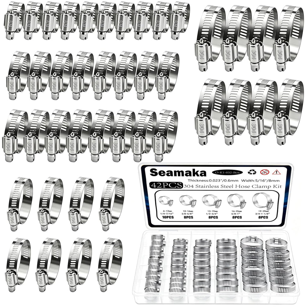 Hose Clamp Assortment 42PCS 304 Stainless Steel Hose Clamp Kit 1/4"–1-1/8" (6-29mm) Worm Gear Hose Clamps Small Hose