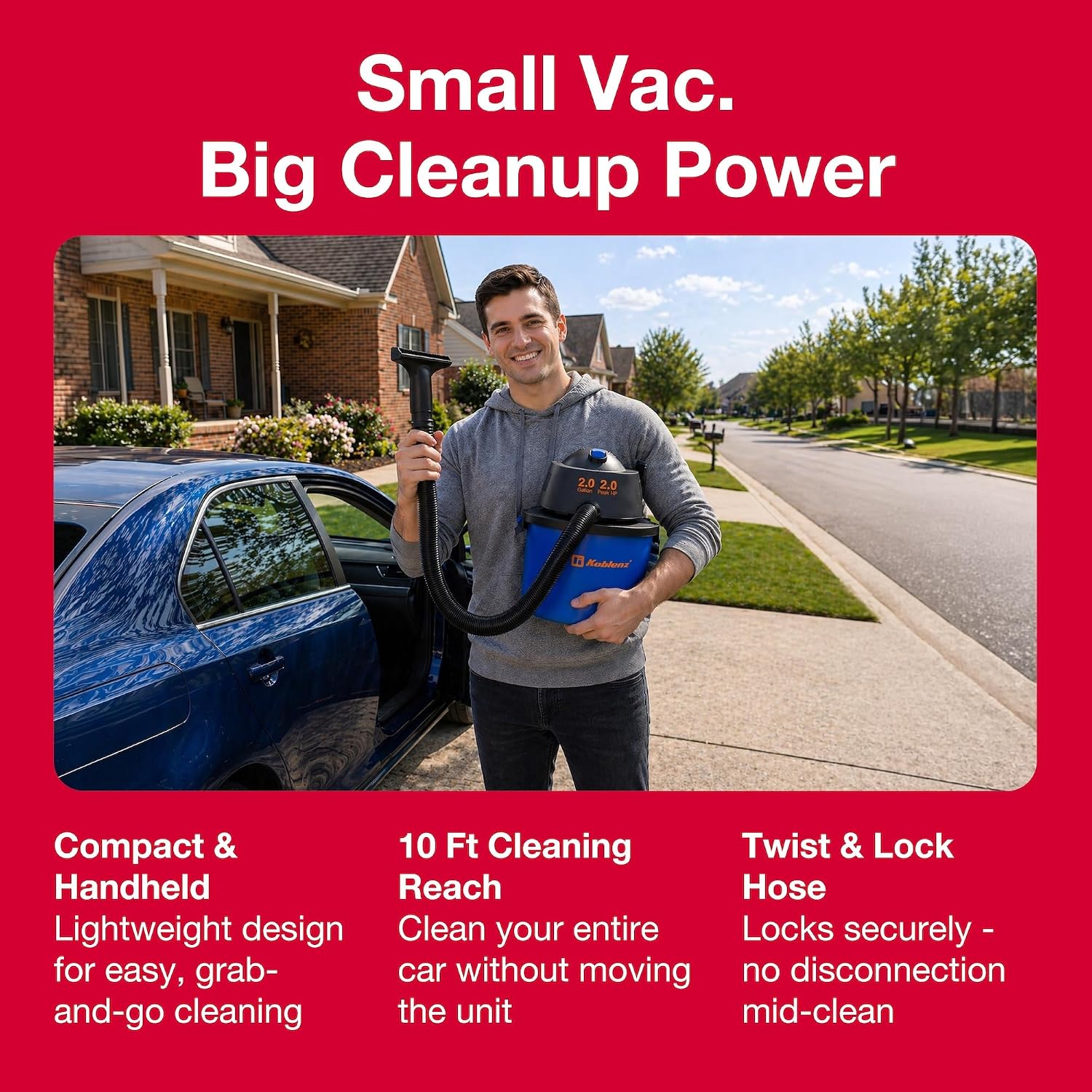 WD-2L Wet Dry Vacuum Cleaner, Home Car Garage Workshop, 2.0 PHP | 60 CFM, 10 Ft Reach, Twist-N-Lock Hose, Small Shop