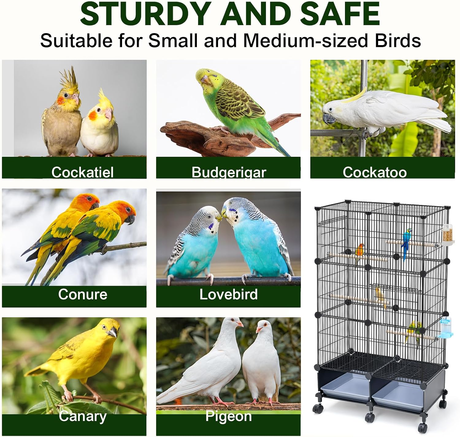 Upgraded Encrypted Metal 46-Inch Bird Cage for Parrot Parakeets | Parakeet Cage with Wooden Perches, Slide-Out Tray