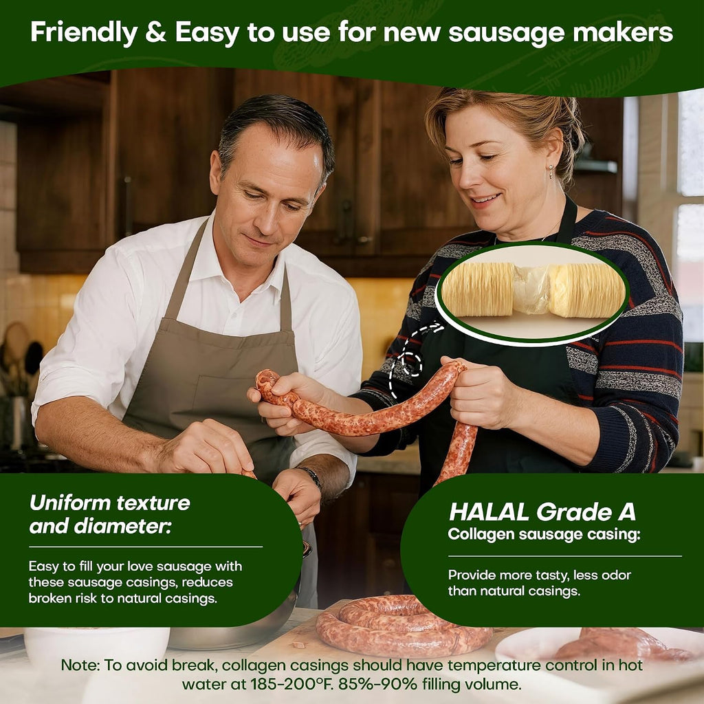 HALAL Sausage Casing, Grade A Edible Drying Collagen Sausage Casings for Flavorous Homemade Sausages 15m/49ft