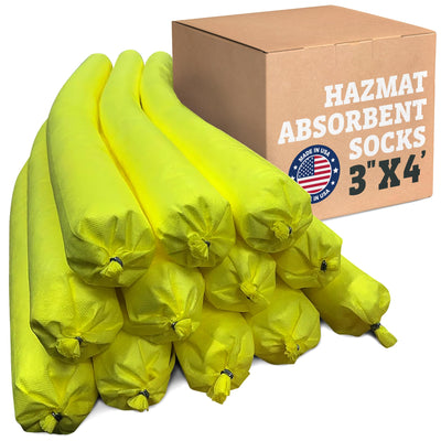 Intermountain Absorbents Hazmat Universal Absorbent Socks- 3"x4' (12 Pack) 1 Gallon per Sock- Yellow Oil Absorbent Sock, Water Socks, Flood Barriers for Home, Garage Flood Barrier Spill Containment