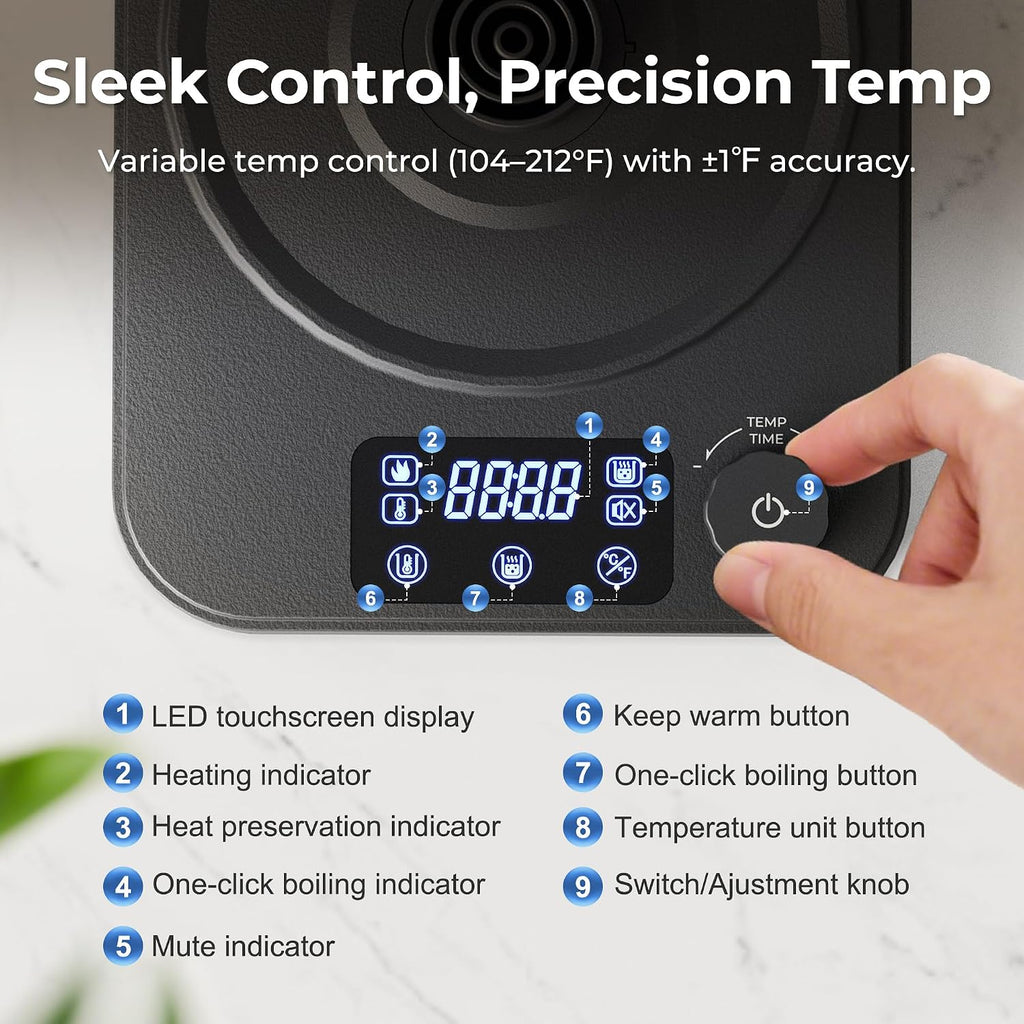 Gooseneck Electric Kettle, ±1°F Temperature Control Electric Kettle, 1.0L 1200W Fast Heating, 24H Keep Warm, 30Min