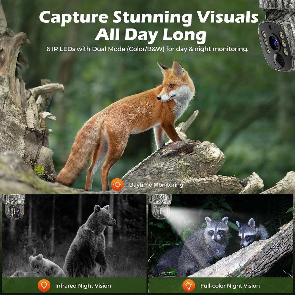 4G LTE Cellular Trail Camera, 360° Live Streaming, 2.5K SIM Card Included | Solar Game Camera Auto Tracking Security