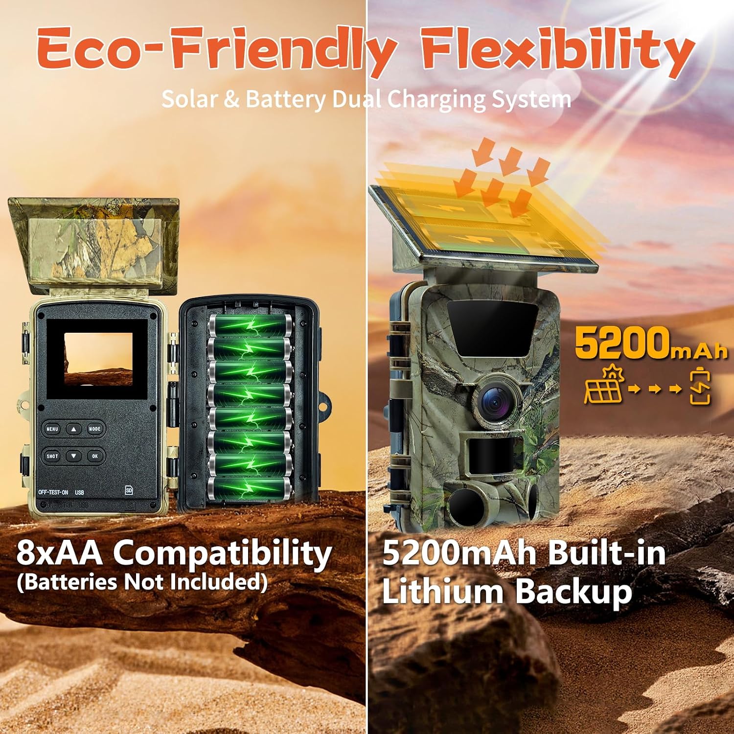 Solar Trail Camera, 5K 60MP WiFi Bluetooth Night Vision Game Camera | 5200mAh Battery, Rechargeable, 64GB SD Card