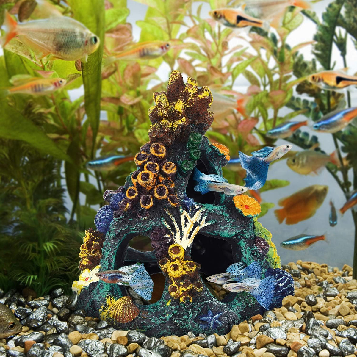 Aquarium Decorations Resin Coral Rock Mountain Cave Fish Tank Decor Ornaments Fish House for Betta Rest Hide Play Breed