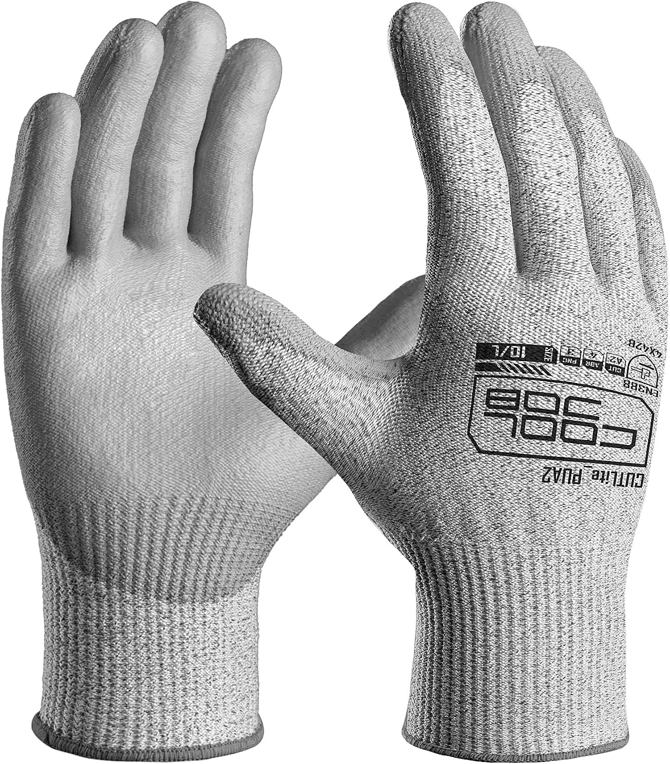 12/120 Pairs Cut Resistant Safety Work Gloves with Grip, 13 Gauge Seamless Shell with PU Coating, ANSI A2 A4 A6, Gray