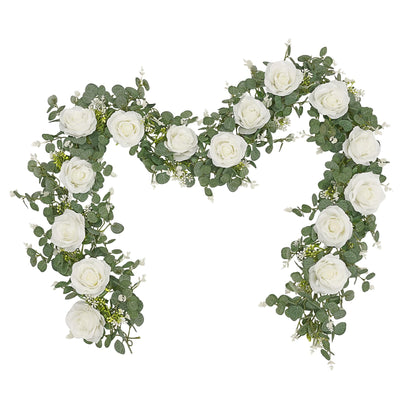 2Pcs 13Ft Artificial Eucalyptus Garlands with Flowers - 8 Roses, Faux Floral Greenery Garlands Fake Flowers Vines for