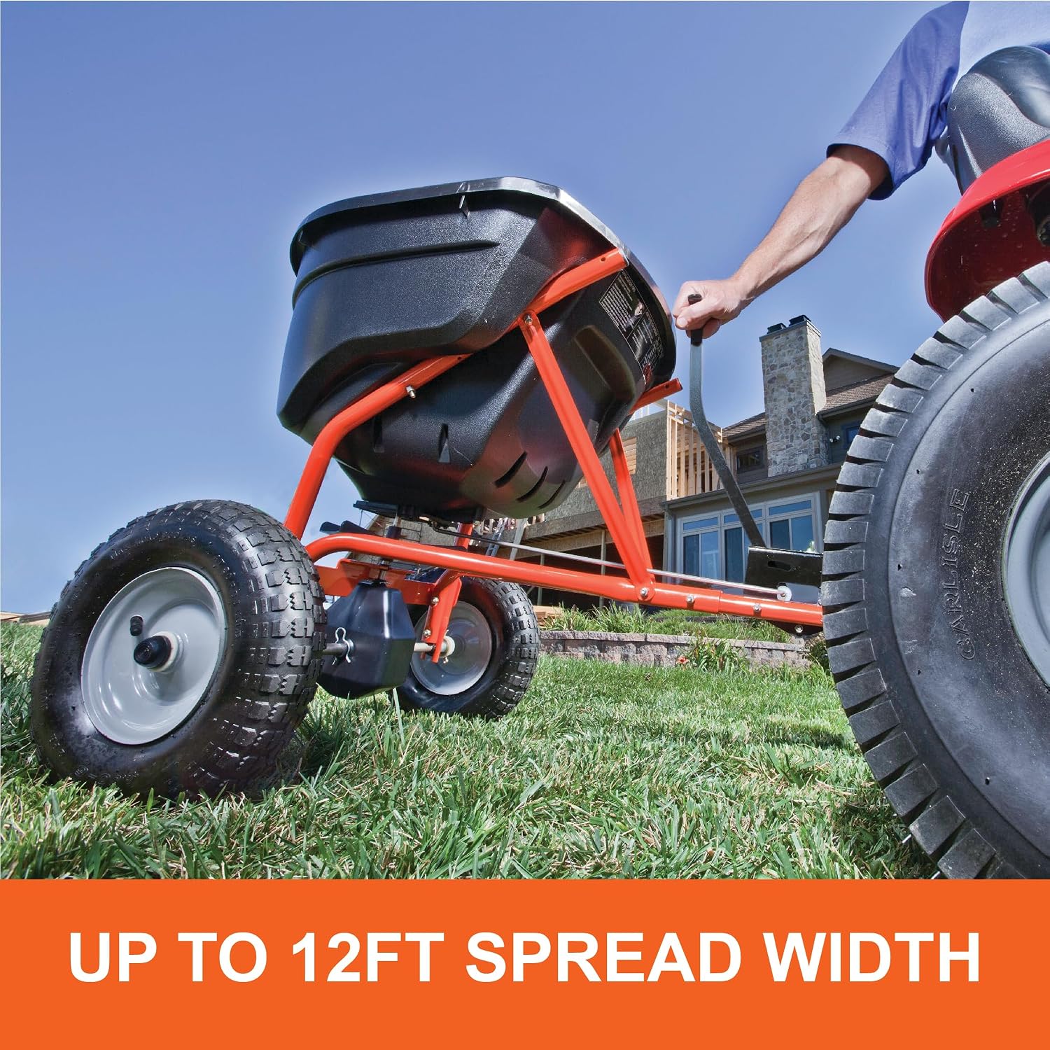 Pull Behind Broadcast Spreader for Seed, Fertilizer, Salt and Ice Melt, 130 lb Hopper Capacity with Universal Hitch