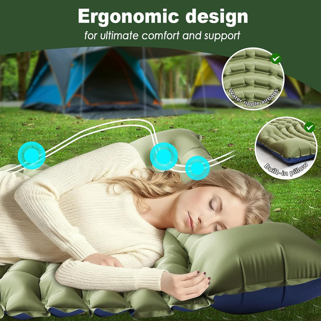 Double Camping Sleeping pad with Pillow & Built-in Foot Pump | Ultralight Camping Mattress，Compact Inflatable