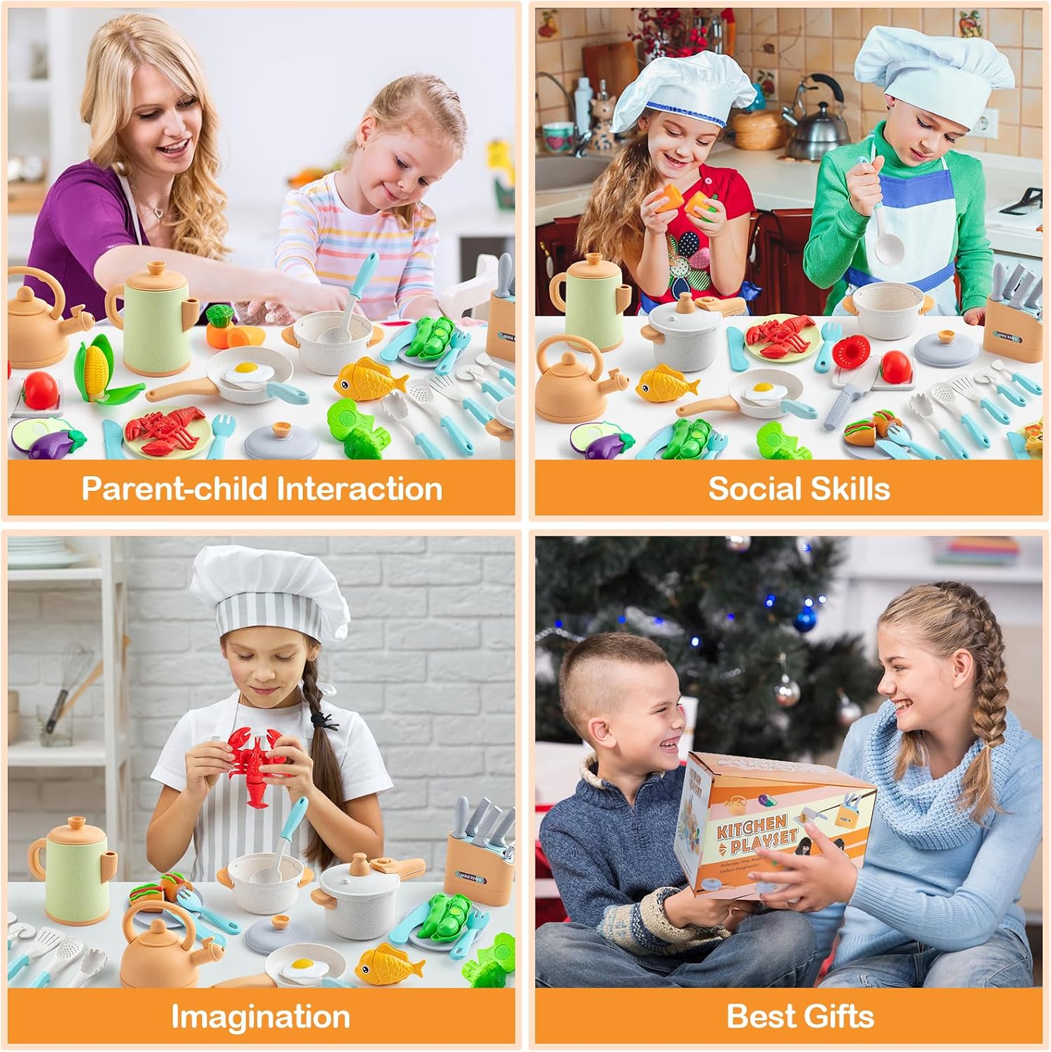 Kids Play Kitchen Accessories, 42Pcs Toddlers Pretend Toy Kitchen Playset Cooking Sets with Pressure Pots and Pans