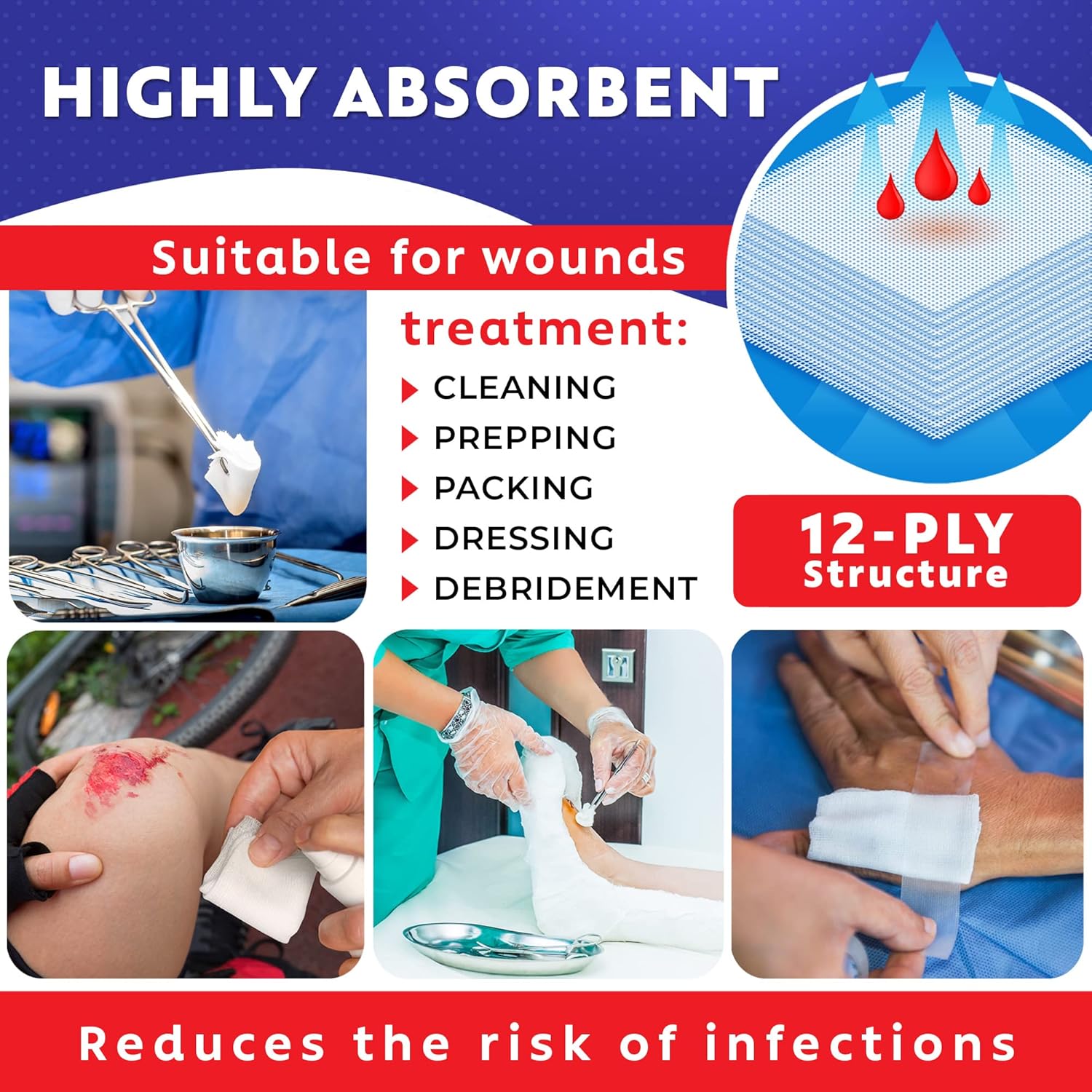100pc Large Sterile Gauze Pads 4x4 Sterile for Wounds Bulk - 12ply Woven Gauze Sponges 4x4 Sterile - USP IV
