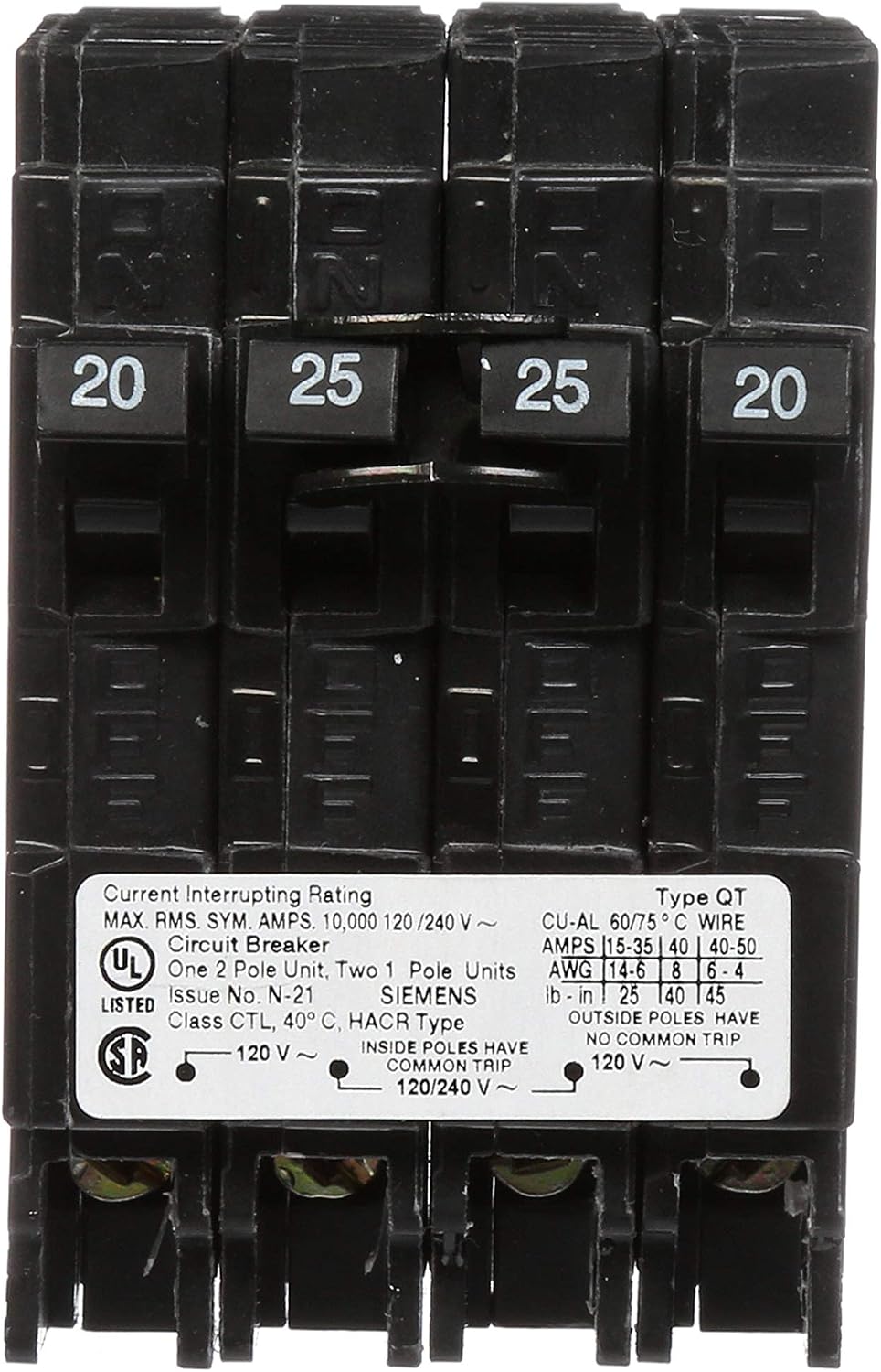 Siemens Q22025CT 25-Amp Double Pole Two 20-Amp Single Pole Circuit Breaker
