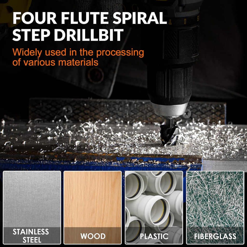 THINKWORK Four Spiral Flute Step Drill Bit, HSS Step Drill Bit3/16-7/8 (12 Steps) Unibit Step Drill Bit, 1/4" Shank Step Bits for Aluminum, Wood, Plastic, Metal