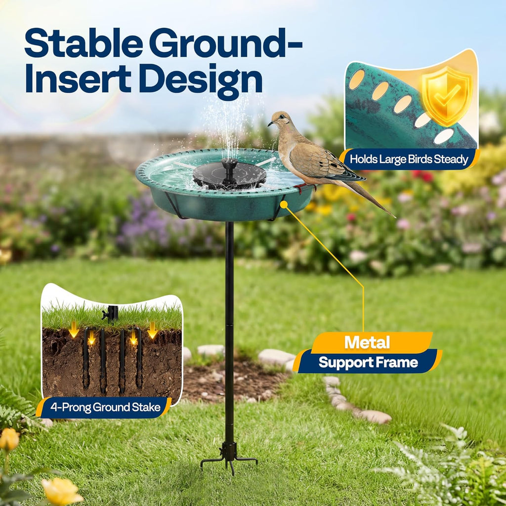 Oval Bird Bath with Solar Fountain and Metal Ground Stake, Green
