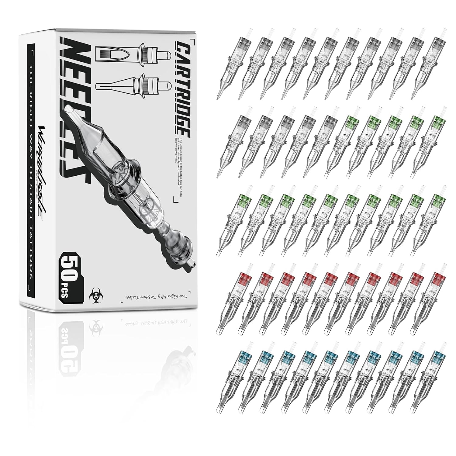 50Pcs Tattoo Needles Long Taper Assorted Disposable Tattoo Cartridge Needles Mixed 5RL 7RL 9RL 5RS 7RS 9RS 15M1 21M1