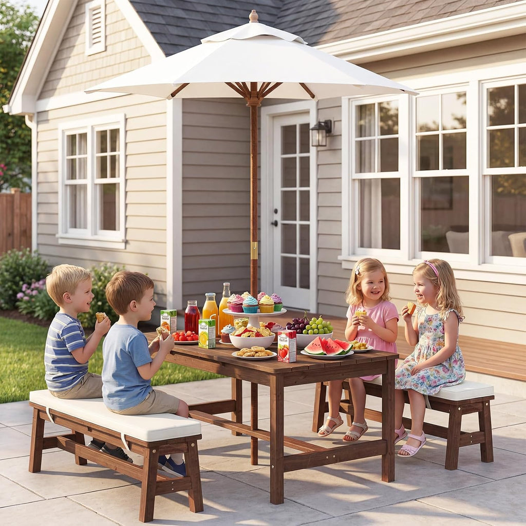 Kids Picnic Table, Outdoor Wooden Bench Set with Removable Cushions Adjustable Foldable Umbrella, Toddler Backyard