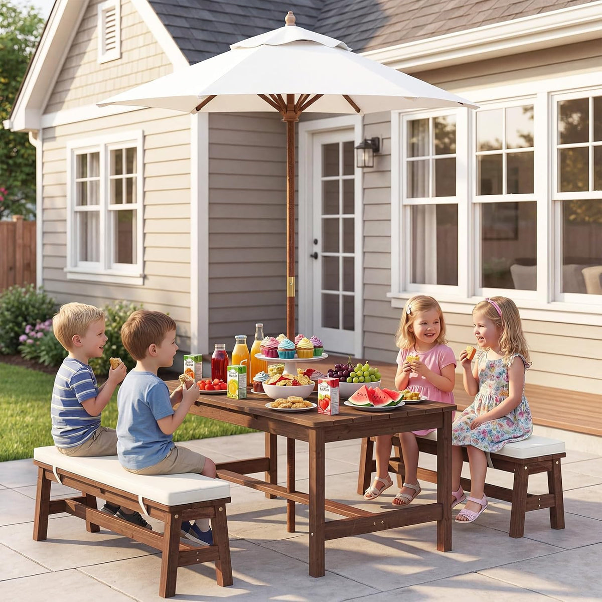 Kids Picnic Table, Outdoor Wooden Bench Set with Removable Cushions Adjustable Foldable Umbrella, Toddler Backyard