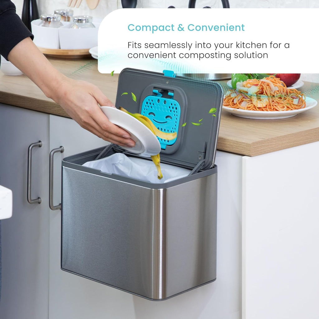 Kitchen Compost Bin with CleanAura, Stainless Steel, Small and Compact Design, Includes Placement Attachments, 5
