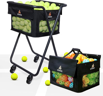 Tennis & Pickleball Cart - 140 Ball Capacity Hopper with Quick-Detach Bag, 4 Smooth Swivel Wheels & Foldable Frame