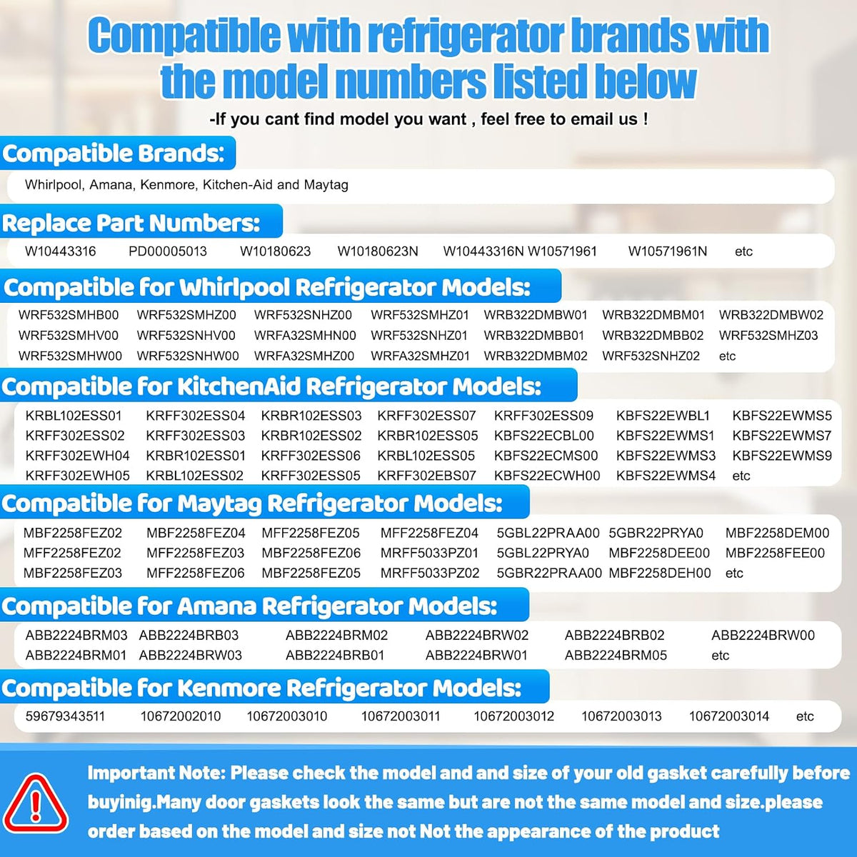 Upgrade 28.54" x 23.03" W10443316 Refrigerator Freezer Door Gasket Compatible with Whirlpool,Kenmore and Kitchen Aid Refrigerator Door Seal W10571961 W10571961 W10180623 WRF532SMHB00 WRF532SMHV00 Gray