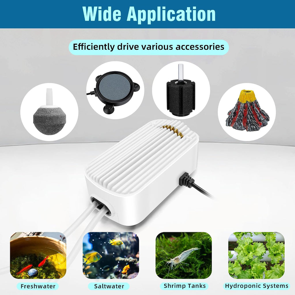 Quiet Aquarium Air Pump 5W Fish Tank Oxygen Aerator Pump with Air Stone Airline Tubing Check Valve Aquarium Bubbler
