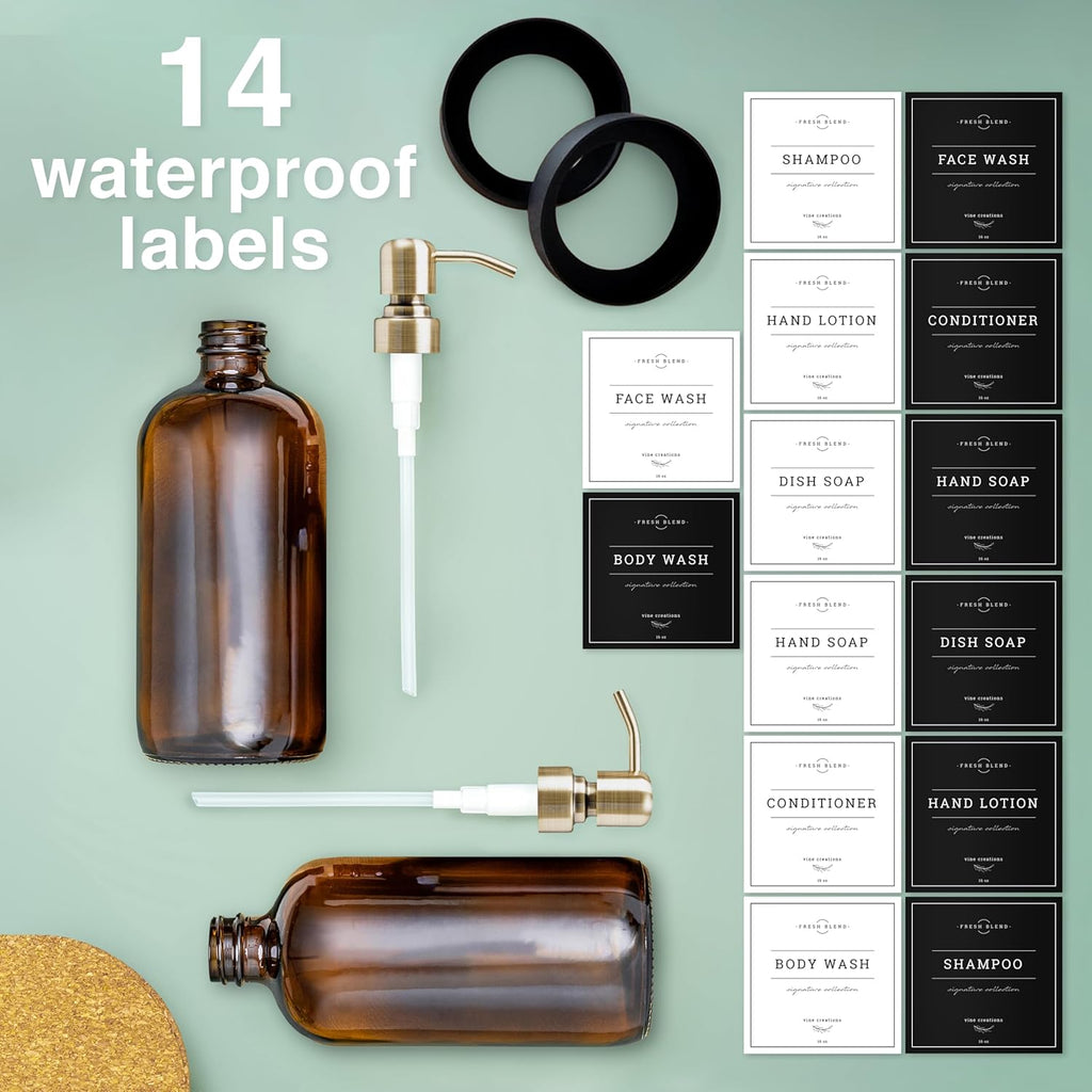 Amber Glass Soap Dispenser, 2 Pack Kitchen Soap Dispenser Set with Stainless Steel Pump, 16 oz Dish Soap and Hand