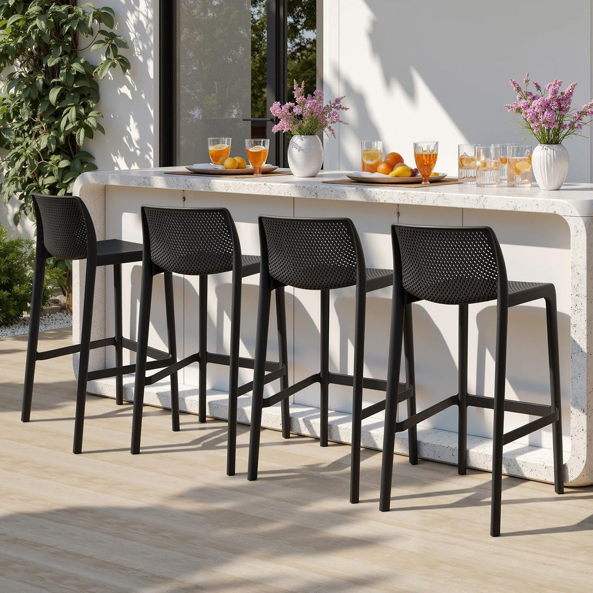 29" Outdoor Plastic Barstool Set of 4, No Assembly, Black