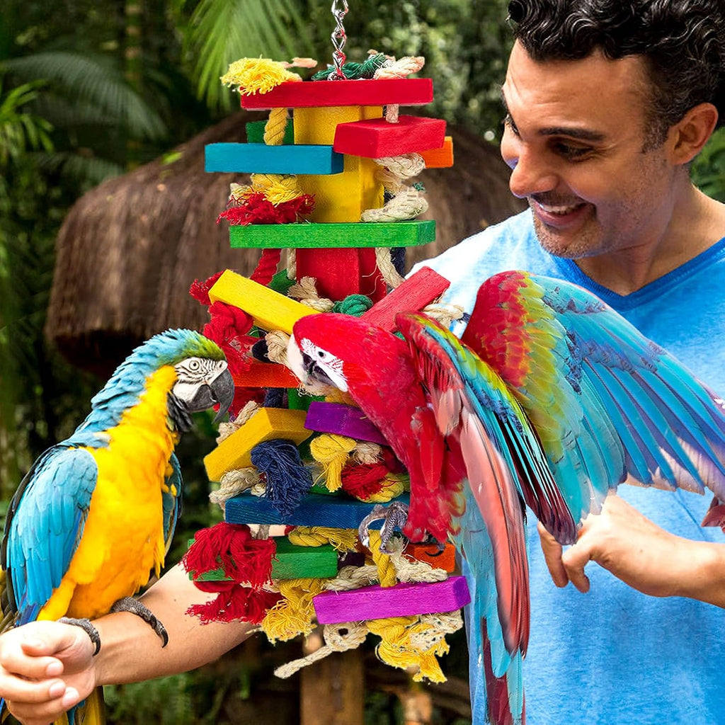 Extra Large Natural Wood Bird Toys for Macaws, African Grey, Amazon Parrots | MEWTOGO, Fun to Climb on, to Swing on