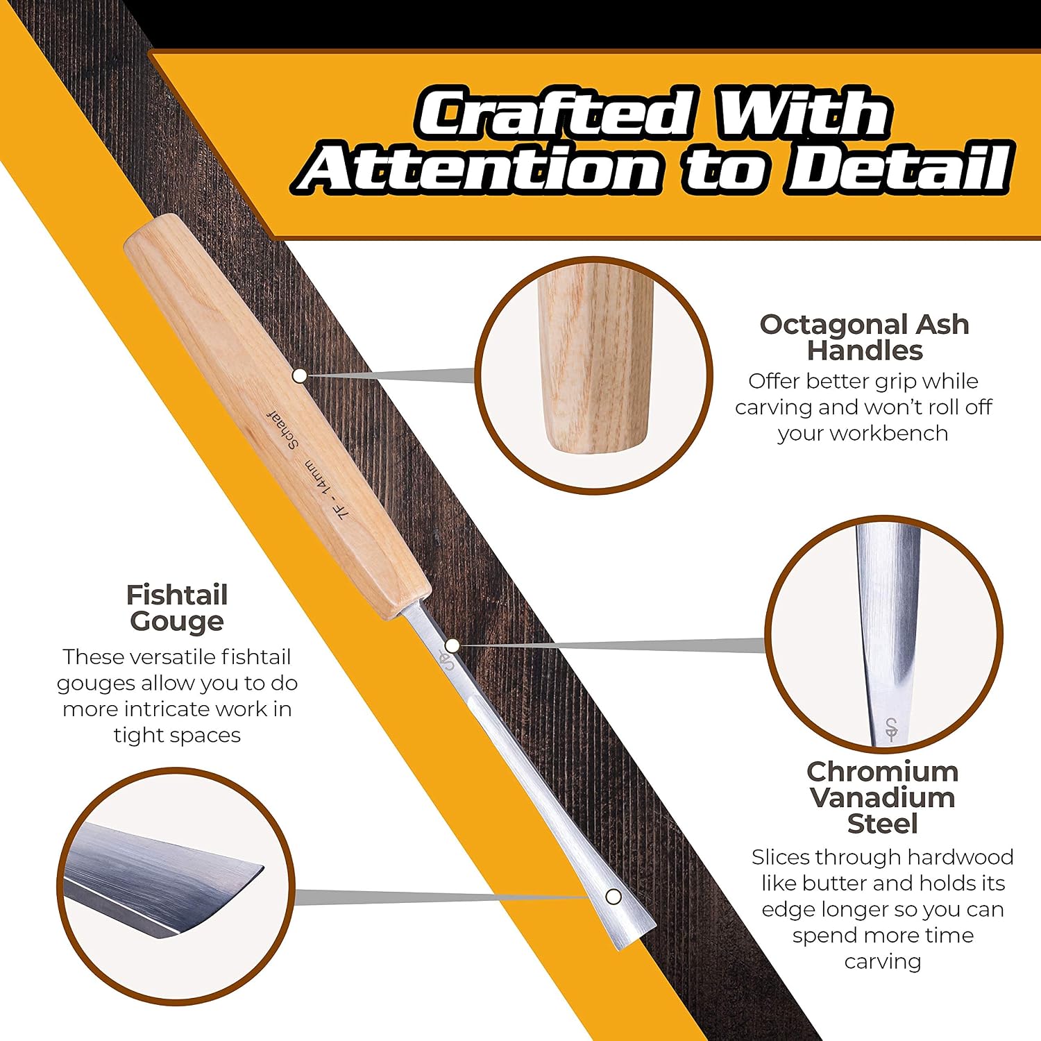 4-pc Wood Chisel Set, Fishtail Gouges, Cr-V 60 | Detail carving chisels for sculpture and relief carving, ergonomic