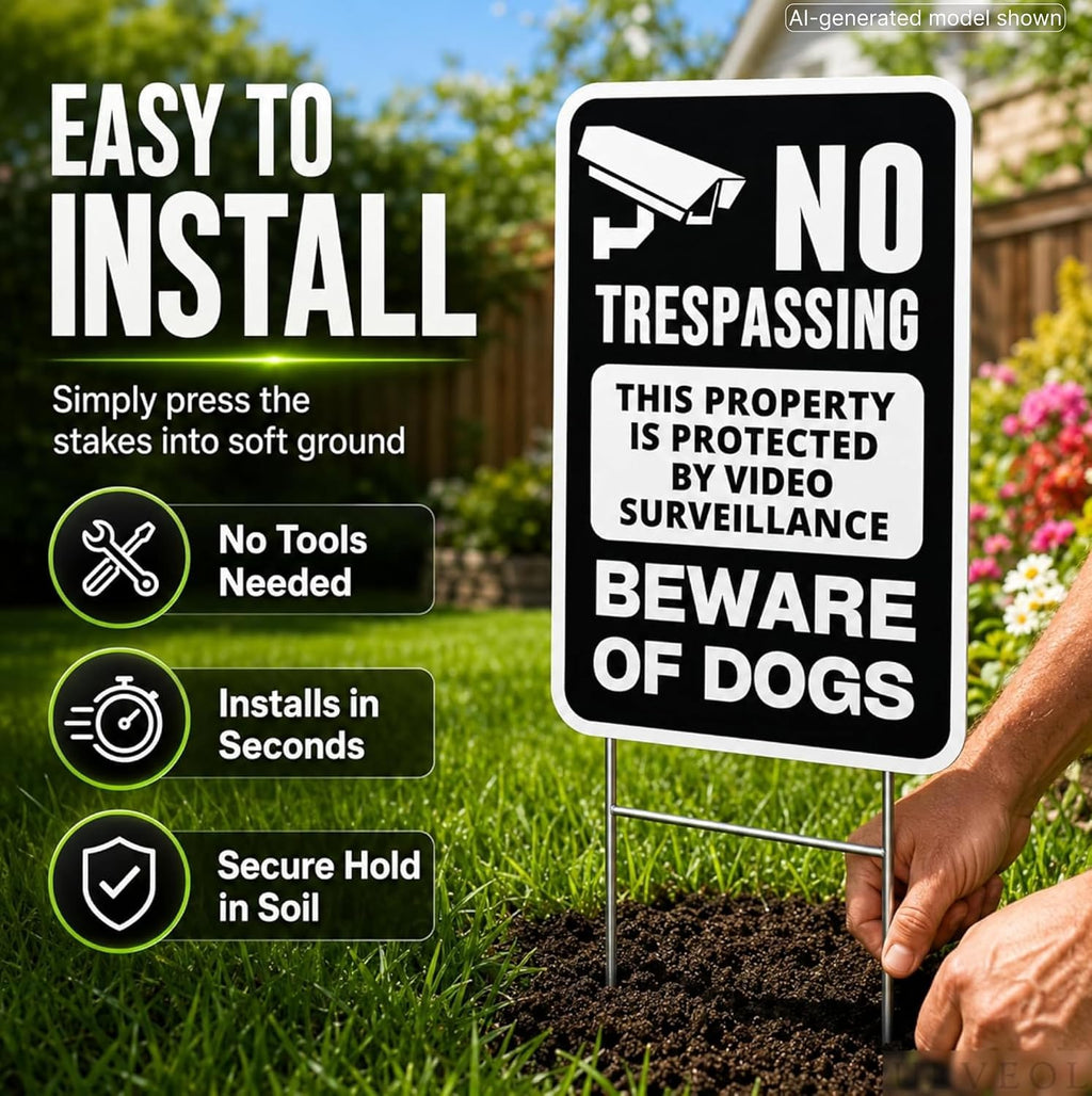 Set of 3 Double Sided 12x8 Inches Beware of Dog Plastic Sign with Metal Stakes - No Trespassing This Property Is