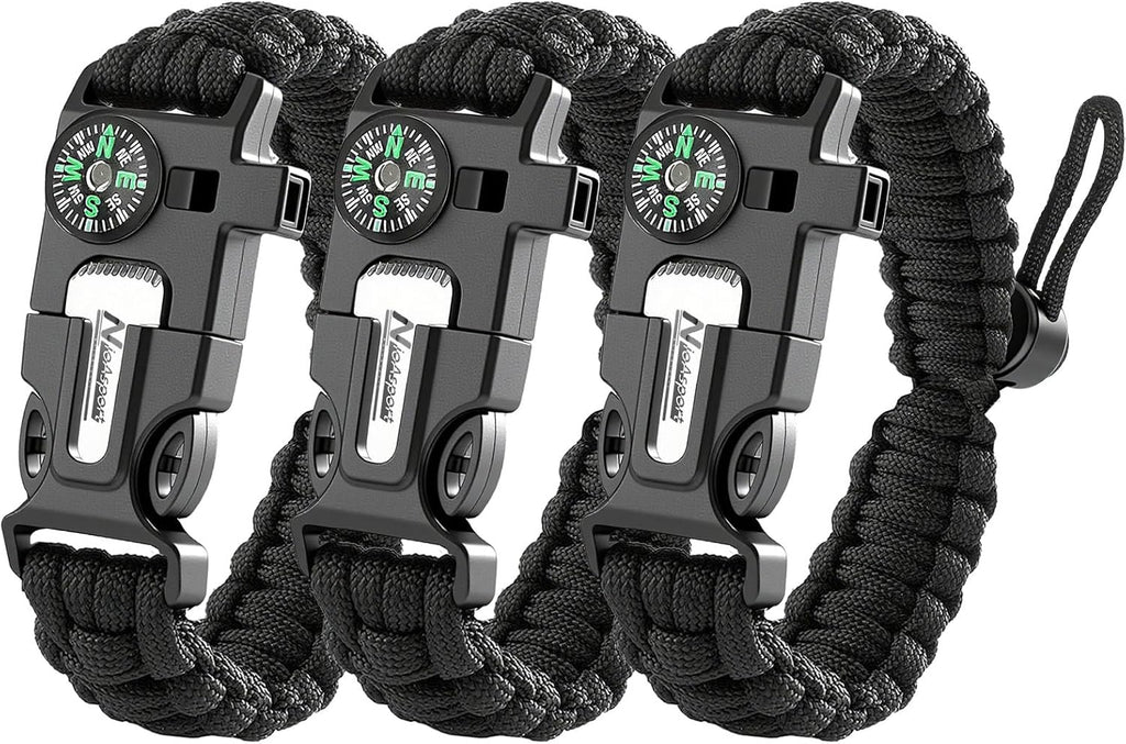 Paracord Survival Bracelet (3 Pack) - Adjustable with Fire Starter, Whistle, Compass - Survival Gear for Hiking