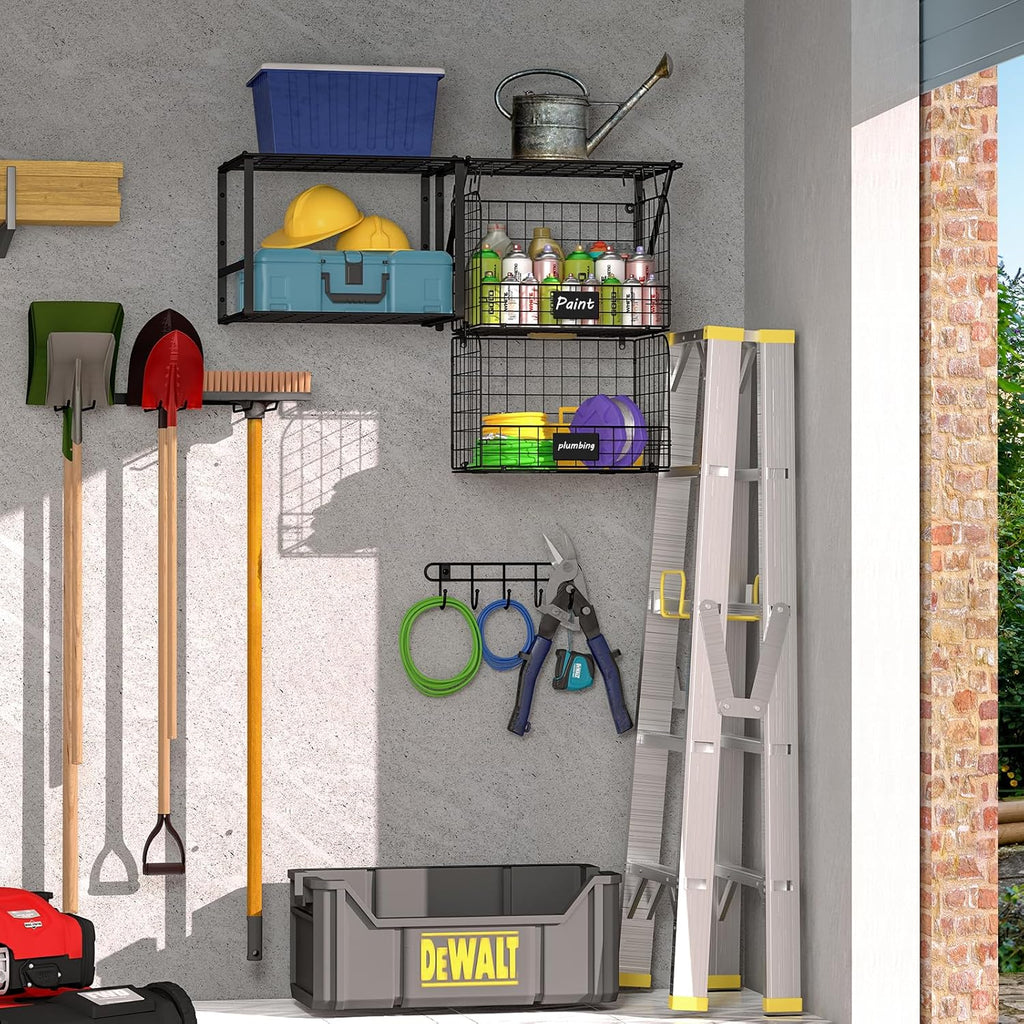 Garage Shelf Wall Mounted with Wire baskets, Heavy Duty Garage Wall Shelving with Garden Tool Rack and Hooks, Wire