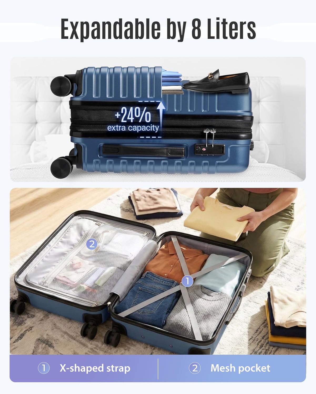 Expandable Carry On Luggage 22x14x9 Airline Approved with Double Spinner Wheels, 20 Inch Lightweight Hard Shell